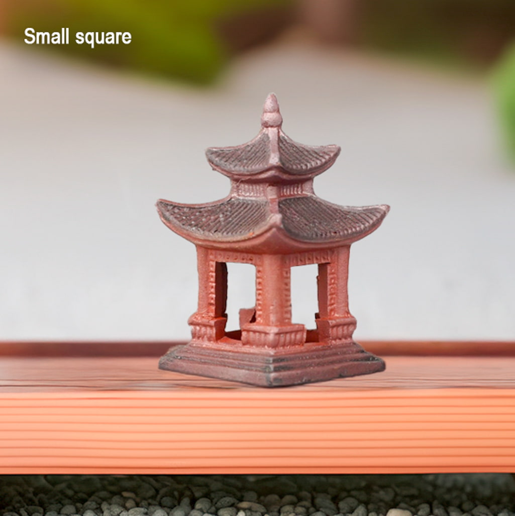 Small square reddish-brown miniature Japanese pagoda. Perfect bonsai decor. Ceramic pagoda for bonsai. 