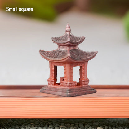 Small square reddish-brown miniature Japanese pagoda. Perfect bonsai decor. Ceramic pagoda for bonsai. 