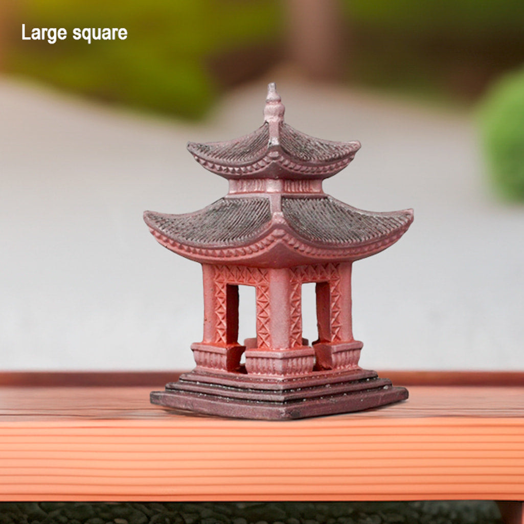 : Large square reddish-brown handcrafted pagoda statue. A miniature Japanese pagoda for Zen garden decor.