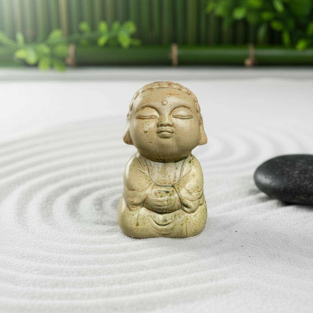 A light-green, serene buddha statue on raked sand. A perfect zen buddha figurine for calm.