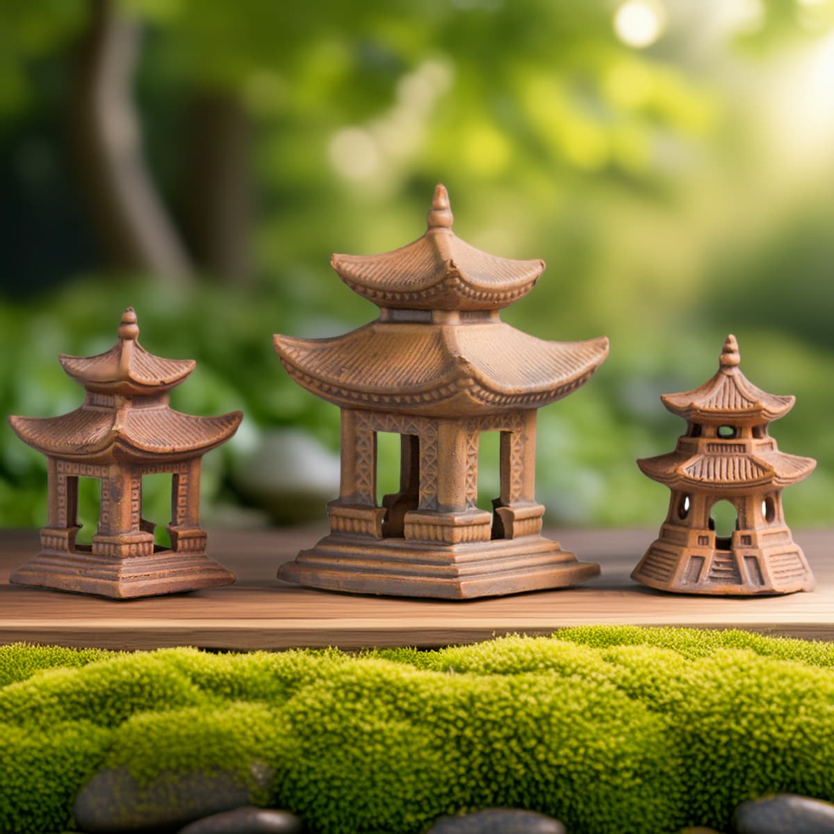 Three brown clay pagoda statues of different sizes are on a wooden surface with moss. This set includes a large, a medium, and a small round one. These handcrafted miniature Japanese pagoda for bonsai are ceramic pagoda figurines made from Bat Trang ceramic. They work as bonsai decor, aquarium decor, terrarium decor, and Zen garden pagoda statue for bonsai decor. They are versatile bonsai pagoda accessories.