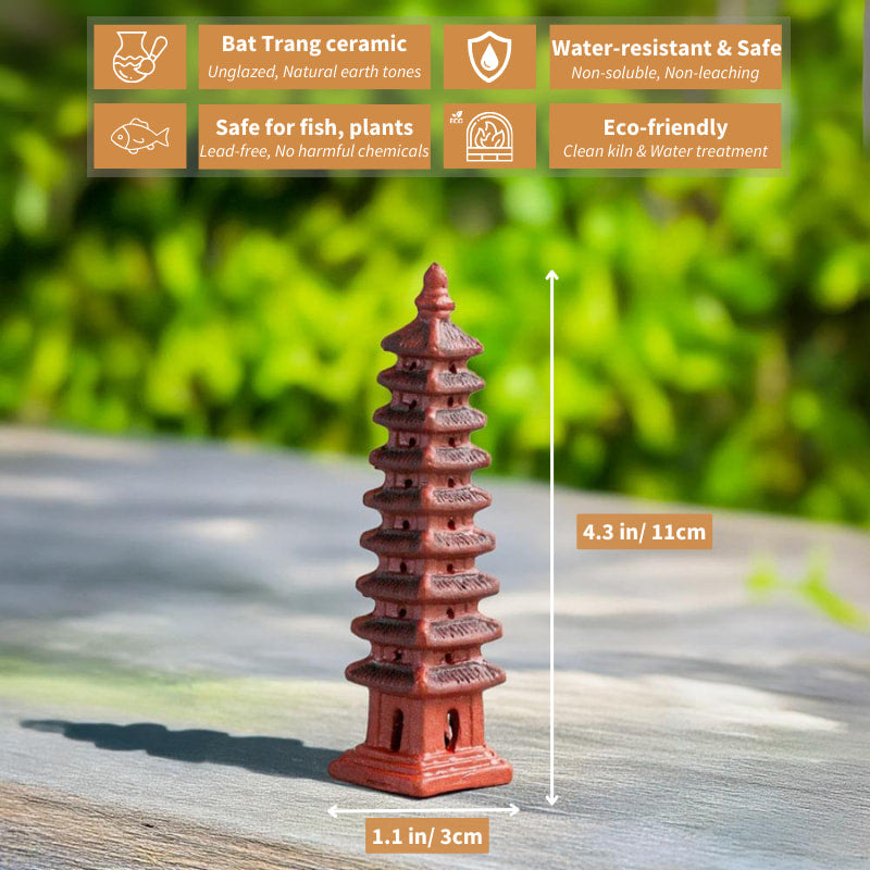 A small, terracotta-colored Wenchang Pagoda, its dimensions clearly displayed, stands ready to enhance your bonsai, terrarium, or miniature garden with its timeless elegance.