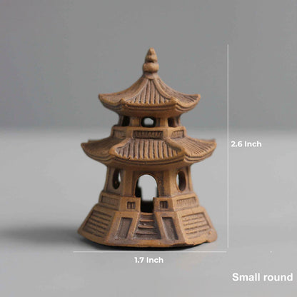 The small round ceramic pagoda figurine is shown with its measurements: 2.6 inches tall and 1.7 inches wide.