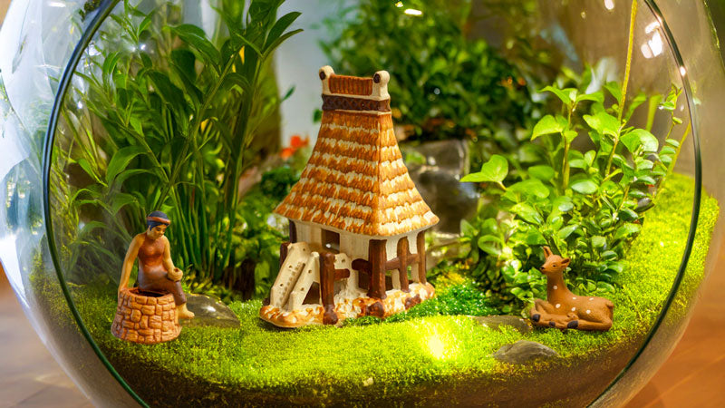 Inside a whimsical glass terrarium, a tiny Tam and the Well figurine rests near a miniature house and deer, creating a charming fairy garden scene inspired by Vietnamese folklore.