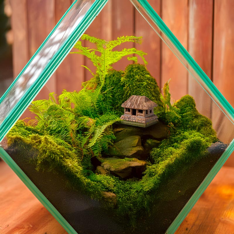 In a glass terrarium filled with lush ferns and moss, a miniature thatched house rests on a bed of pebbles, creating a miniature Vietnamese landscape filled with tranquility.