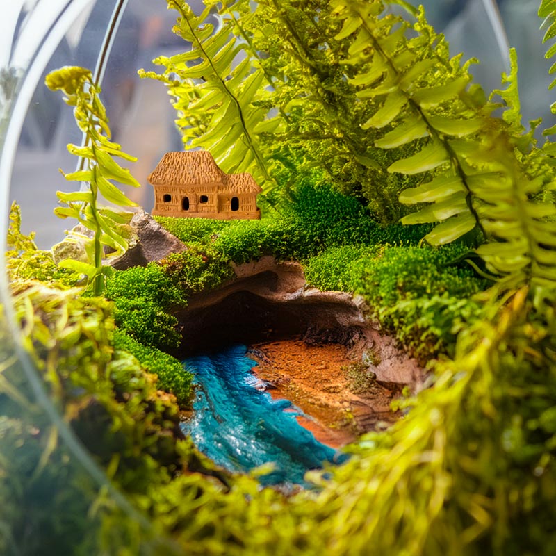 Tucked away amongst lush ferns and a sparkling blue stream, this miniature thatched cottage creates a magical hideaway within this enchanting terrarium, perfect for a touch of whimsy.