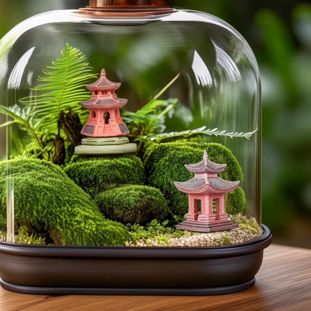 Two small pagoda statue (bonsai figurines) in a terrarium. Japanese garden decor.