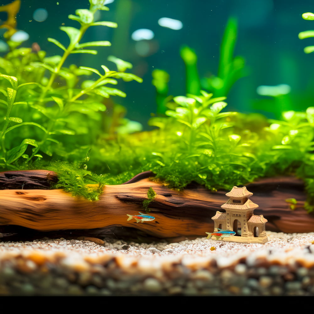 A small yellow three entrance gate statue sits on the gravel at the bottom of an aquarium with plants and fish.