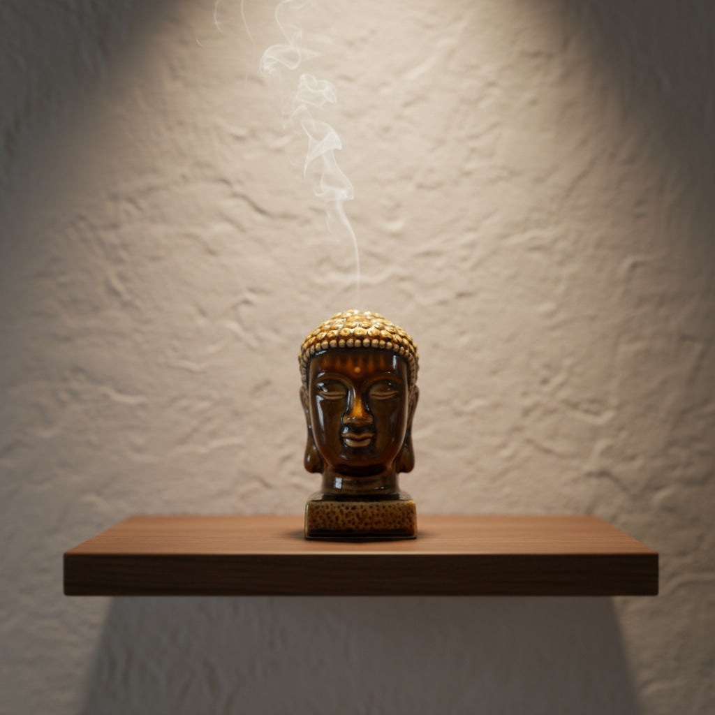 A brown ceramic buddha head statue on a shelf with incense smoke. A unique buddha decor statue.