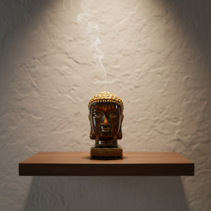 A brown ceramic buddha head statue on a shelf with incense smoke. A unique buddha decor statue.