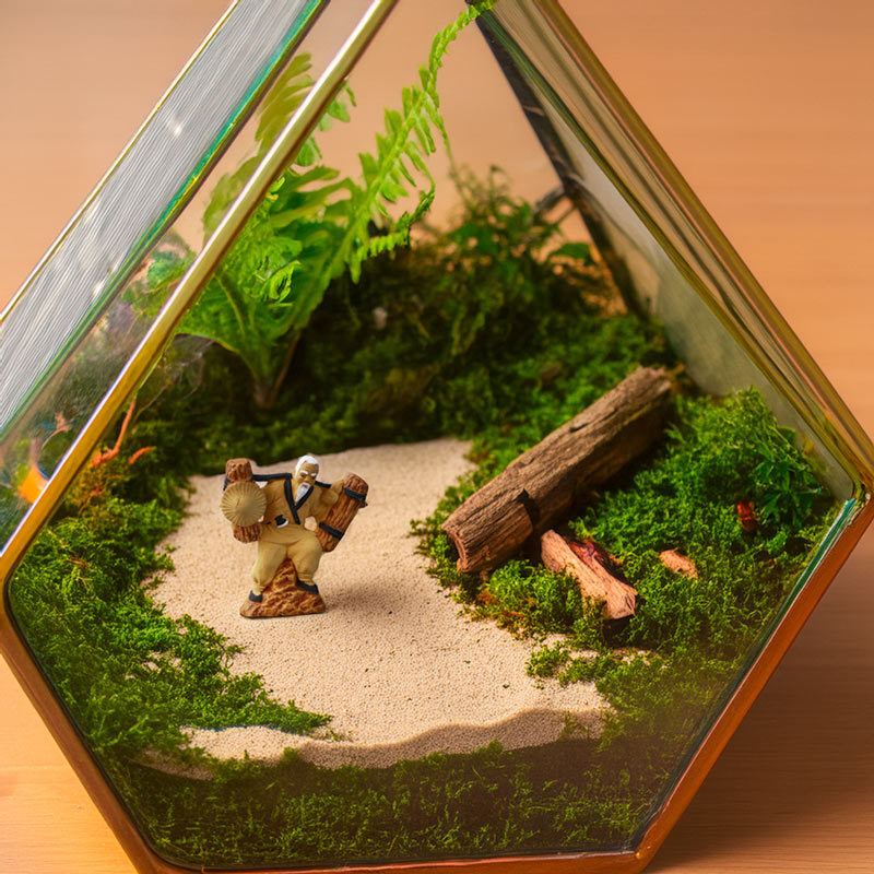 Inside a geometric terrarium, a miniature woodcutter figurine stands amidst lush greenery and driftwood, creating a miniature scene of harmony and balance.