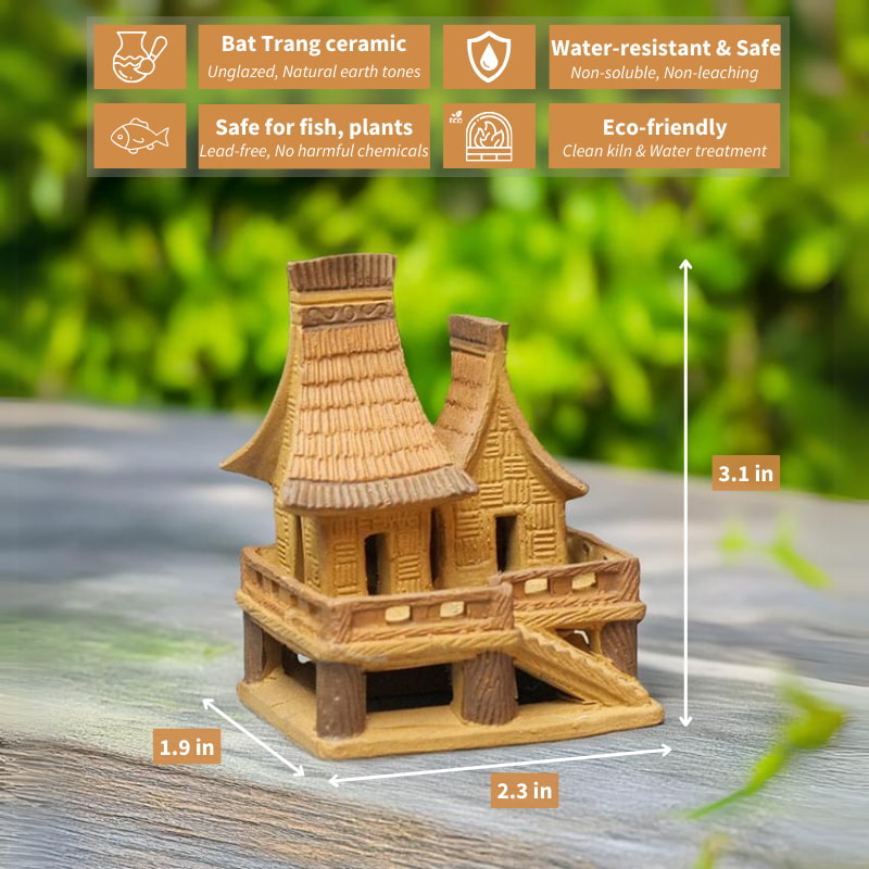 This unique miniature stilt house, with its intricate details and warm brown ceramic, adds a touch of Southeast Asian authenticity to any bonsai arrangement.