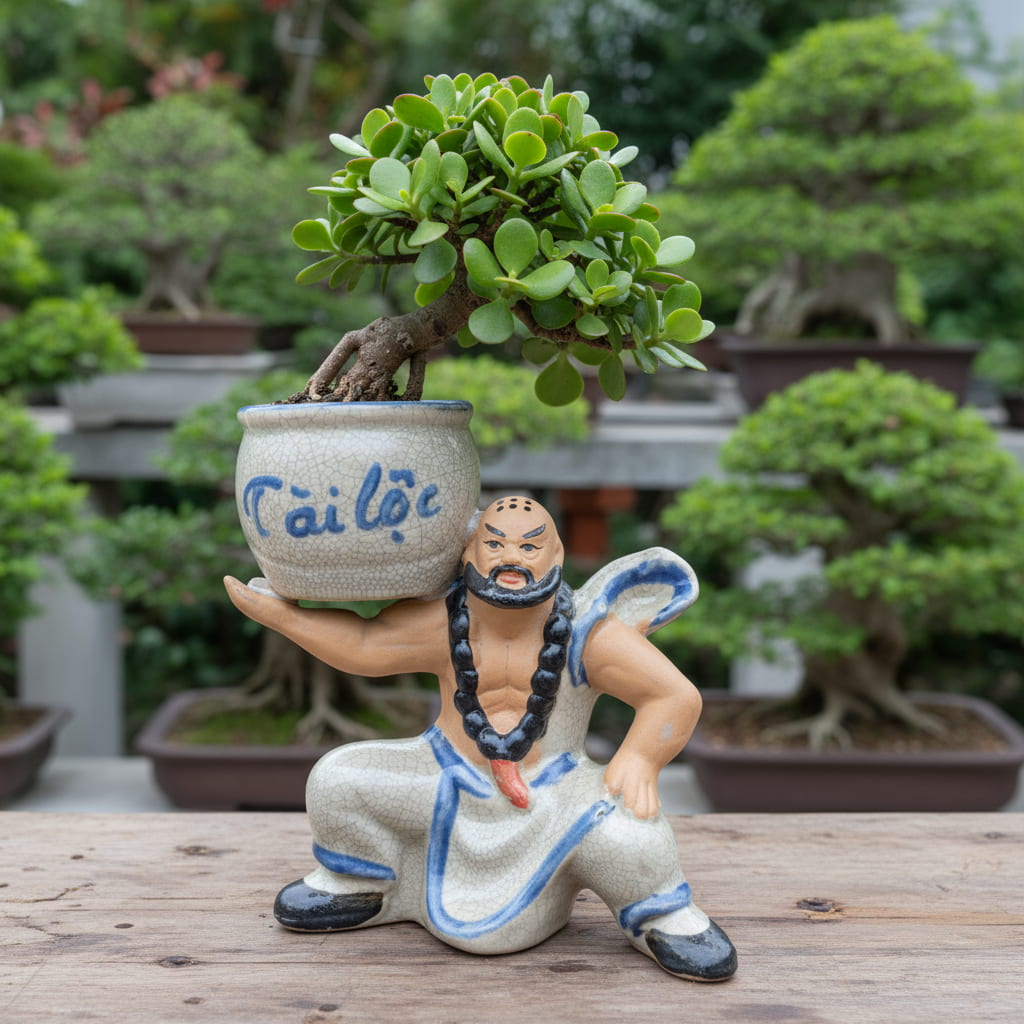 A mudman bonsai pot, a unique ceramic figurine pot, holding a small green plant.