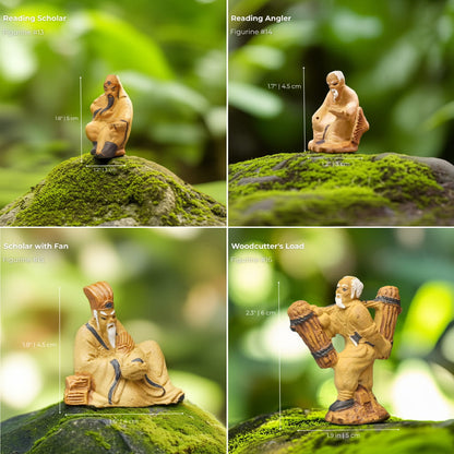 Four mudmen figurines showing scholars and an angler. These classic Chinese mudmen are great bonsai decor.
