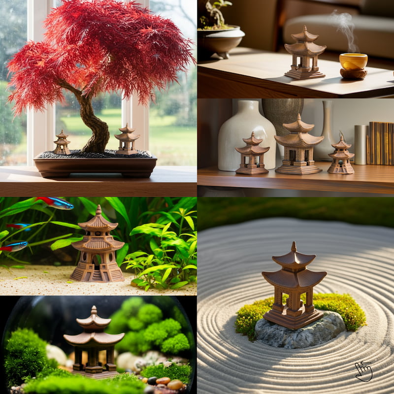 A collage shows a miniature pagoda used for bonsai decoration and in a miniature pagoda zen garden.