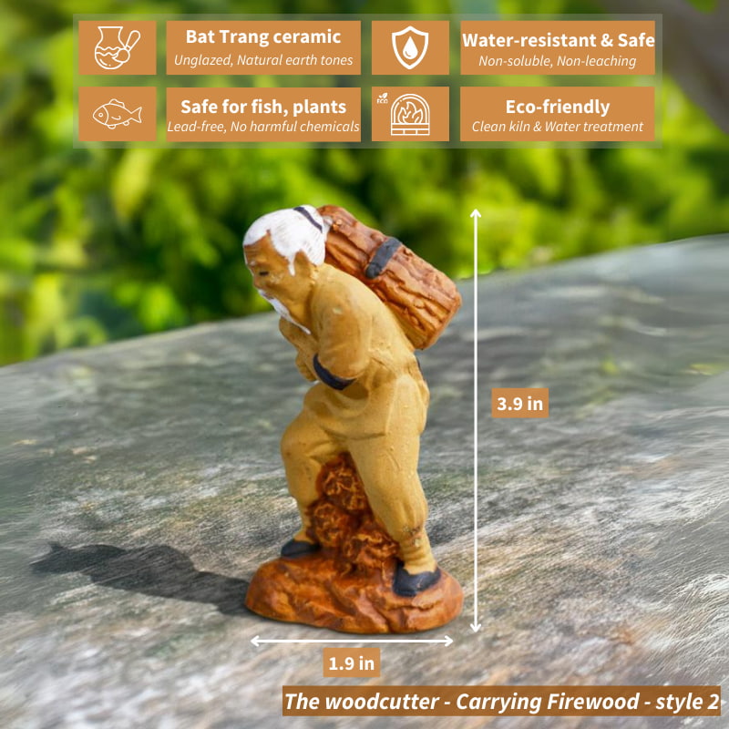 Handcrafted from natural clay, this miniature Vietnamese mudman figurine depicts a woodcutter carrying his load, bringing a touch of traditional artistry to your bonsai.