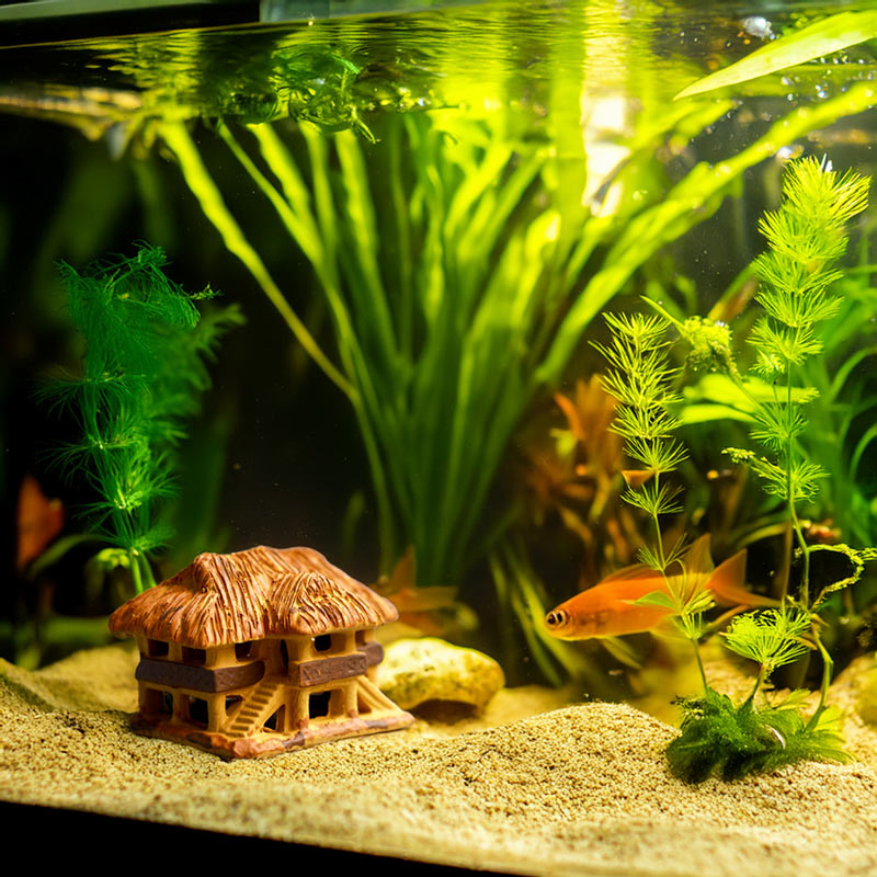 Adding a touch of Vietnamese charm to a lush green aquarium, this miniature ceramic stilt house provides a safe and beautiful shelter for fish, creating a captivating underwater scene.