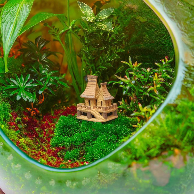 A miniature Vietnamese stilt house, perched on a bed of vibrant green moss within a glass terrarium, brings a touch of Southeast Asian tradition and tranquility to this miniature ecosystem.