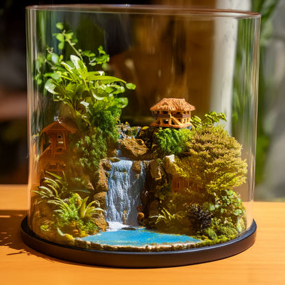 Tucked away amidst a lush terrarium landscape, a miniature Vietnamese stilt house, with its intricate details and earthy hues, adds a touch of exotic charm to this miniature world.