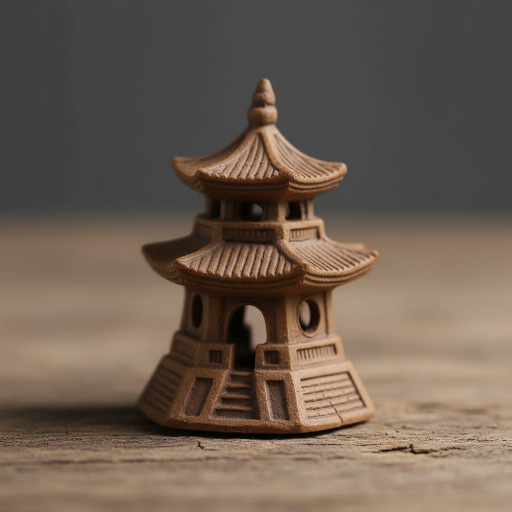 Small ceramic japanese pagoda on a wooden surface with a blurred background