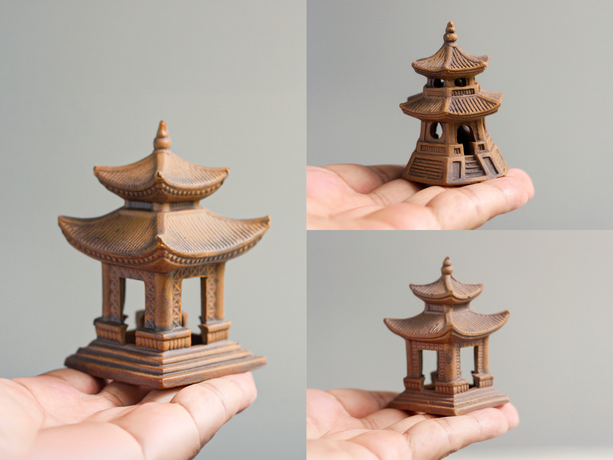 Miniature Japanese Pagoda Set for Bonsai & Zen Gardens | Antique Brown