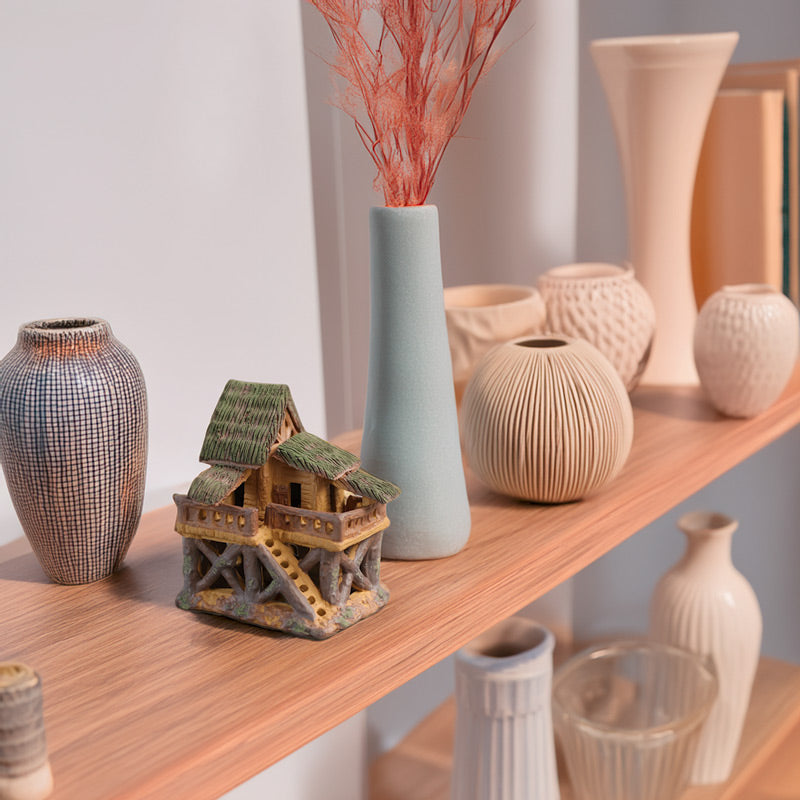  Perched on a wooden shelf amongst elegant ceramic vases, a miniature treehouse adds a touch of whimsy and personality to this stylish home decor display.