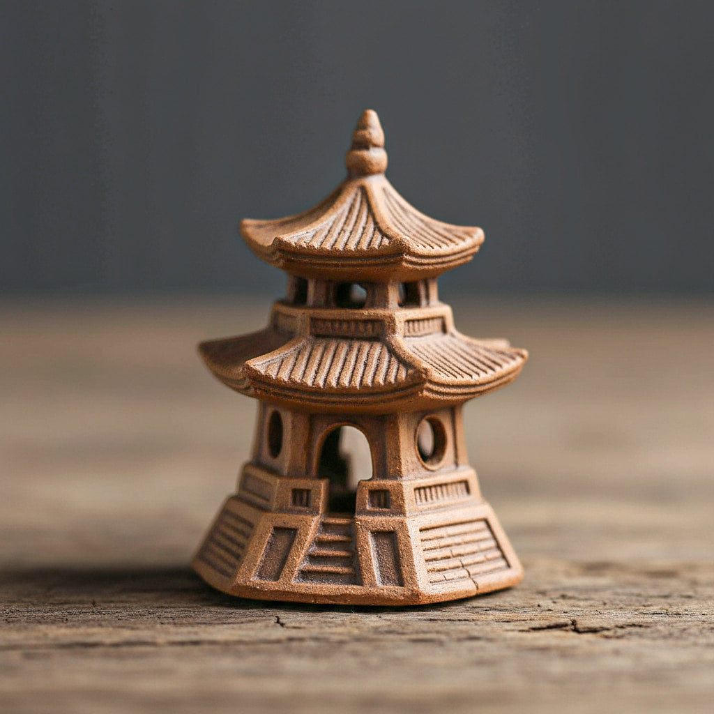 Small ceramic japanese pagoda on a wooden surface with a blurred background