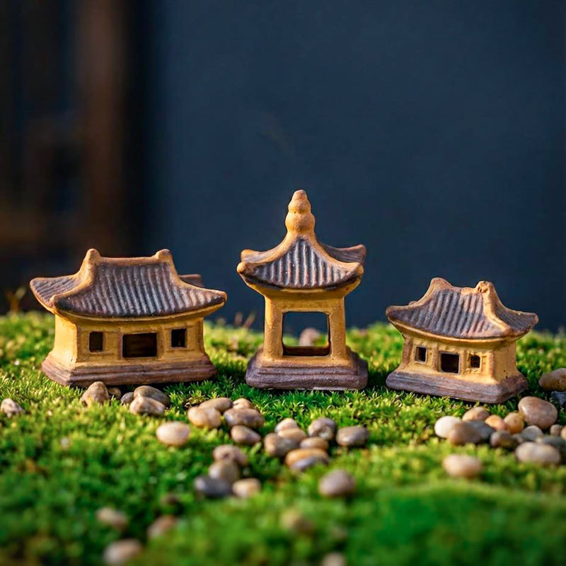 Tiny handmade ceramic pagoda figurines for bonsai and mini gardens