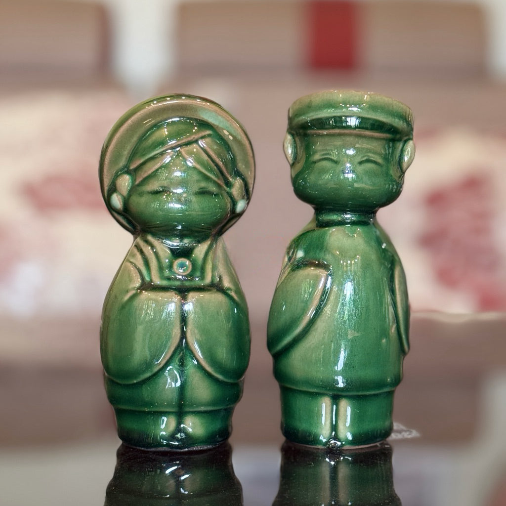 Green-glazed Vietnamese ceramic couple figurines, man and woman pair