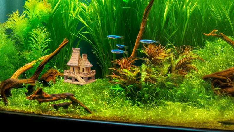 Nestled amongst lush greenery and driftwood in a vibrant aquarium, a small ceramic stilt house provides a unique shelter for fish, bringing a touch of exotic charm to this underwater landscape.