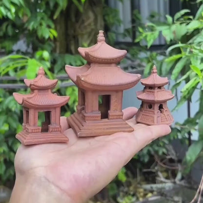 Miniature Japanese Pagoda Set for Bonsai & Zen Gardens | Antique Brown