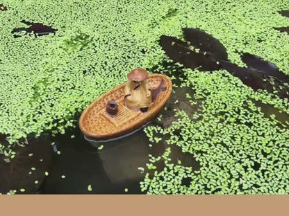 Ceramic Fisherman Figurine on Boat | Bonsai & Aquarium Decor